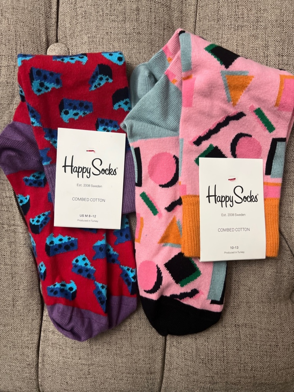 NWT Happy Socks - Pink 90s Geo & Blue Cheese Pattern - Set of 2 - Picture 2 of 3